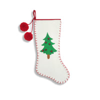 Off-White Christmas Tree Felt Stocking with Jingle Bell Details
